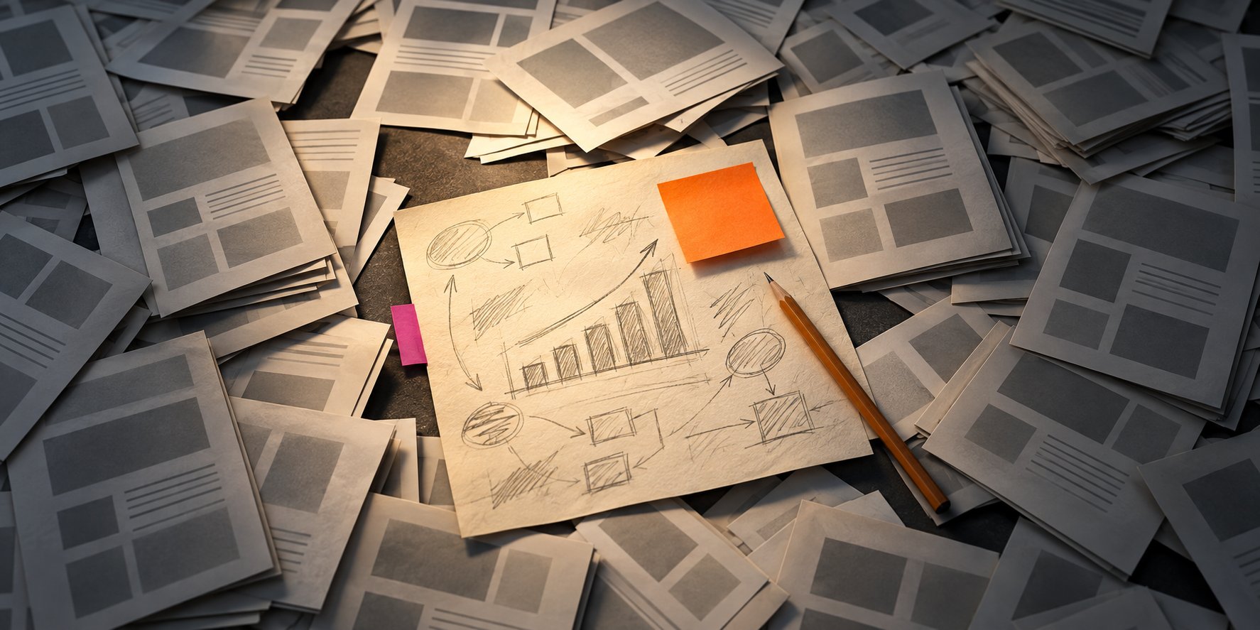 A pile of identical gray pages surrounds one hand-sketched original plan lit up in the center