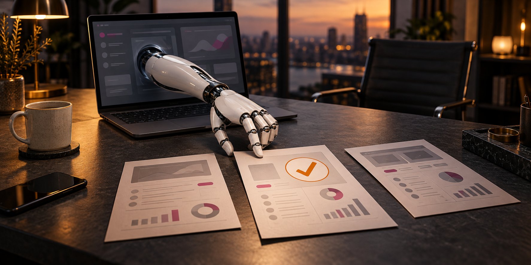 A robotic hand reaches out of a laptop screen and selects one of three brand pages, marked with an orange checkmark