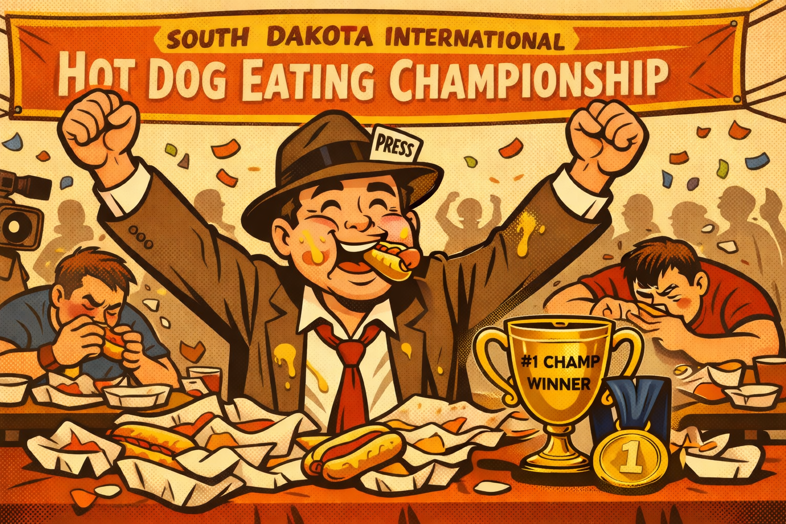 Vintage cartoon illustration of the South Dakota International Hot Dog Eating Championship, with a journalist celebrating a fake win