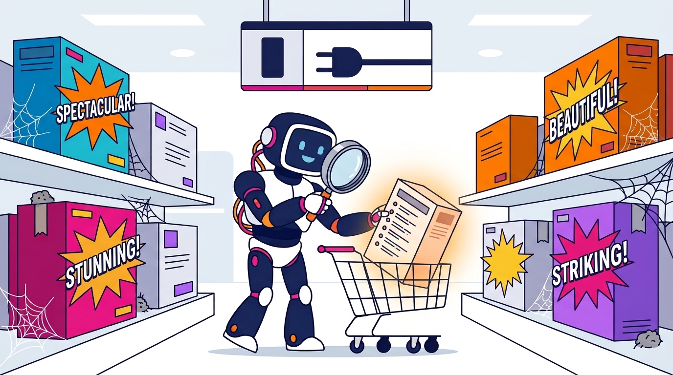 A friendly robot in a store aisle studies a plain software box with a feature checklist through a magnifying glass and places it in its shopping cart, while flashy boxes shouting Spectacular, Beautiful, Stunning and Striking sit untouched under cobwebs.