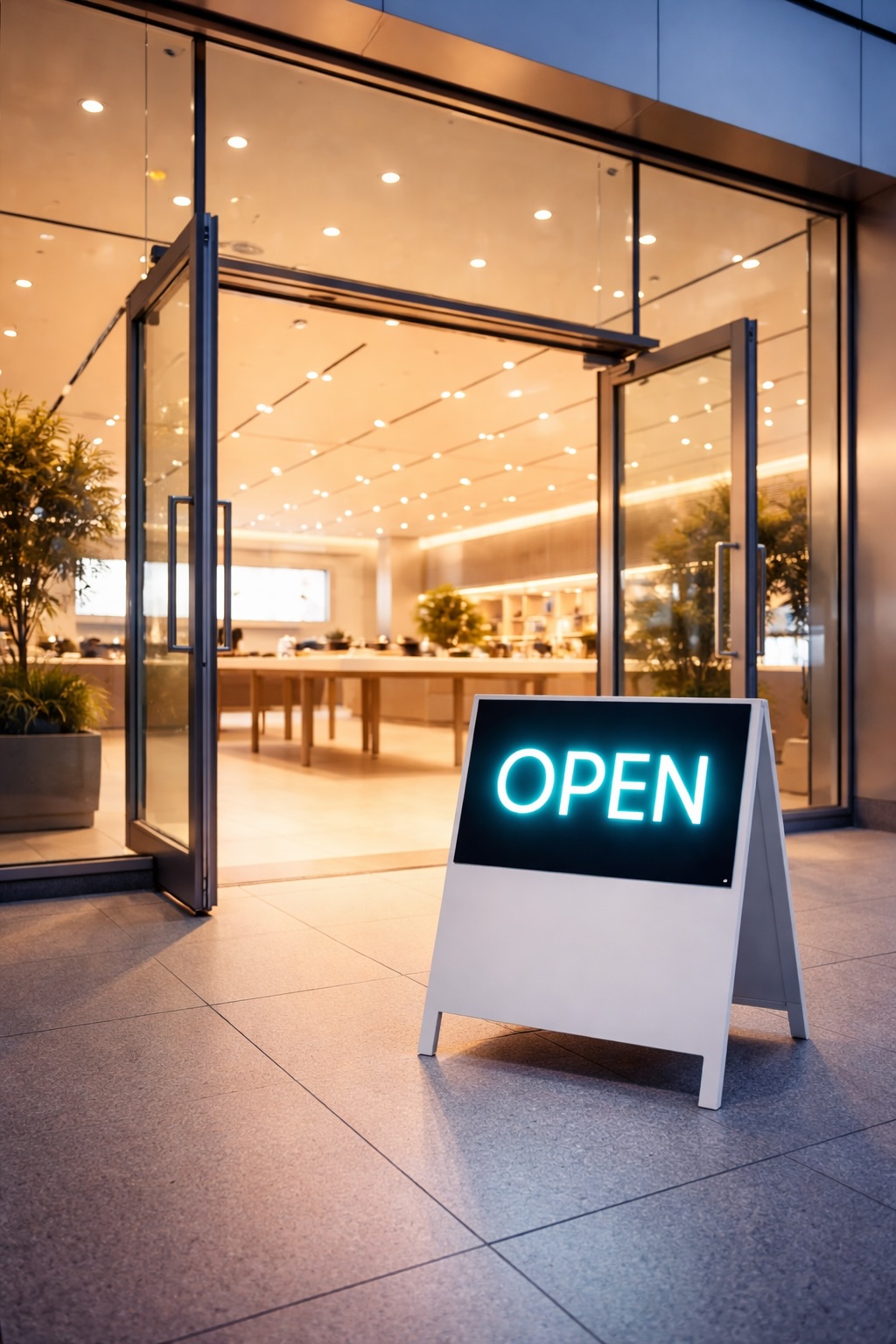 A modern glass storefront with a glowing neon OPEN sign representing AI as the new front door
