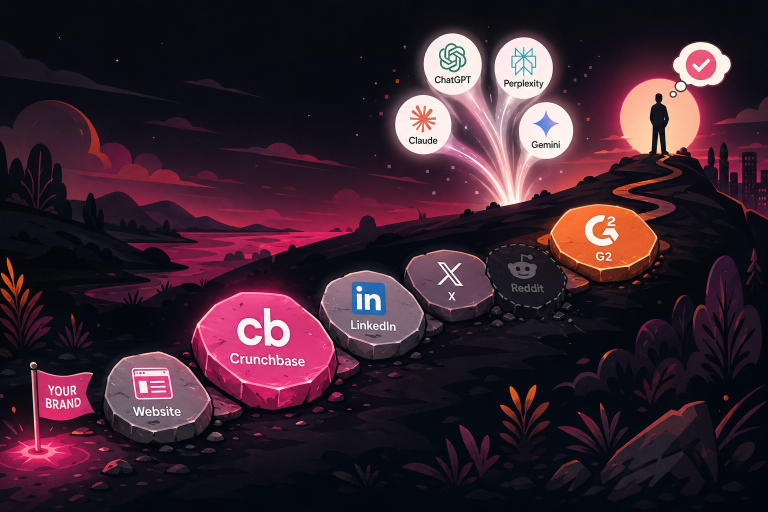 A trail of stepping stones across digital surfaces (Website, Crunchbase, LinkedIn, X, Reddit, G2) leading to AI search engines (ChatGPT, Claude, Perplexity, Gemini) that synthesize a recommendation for a buyer, illustrating the digital trail concept