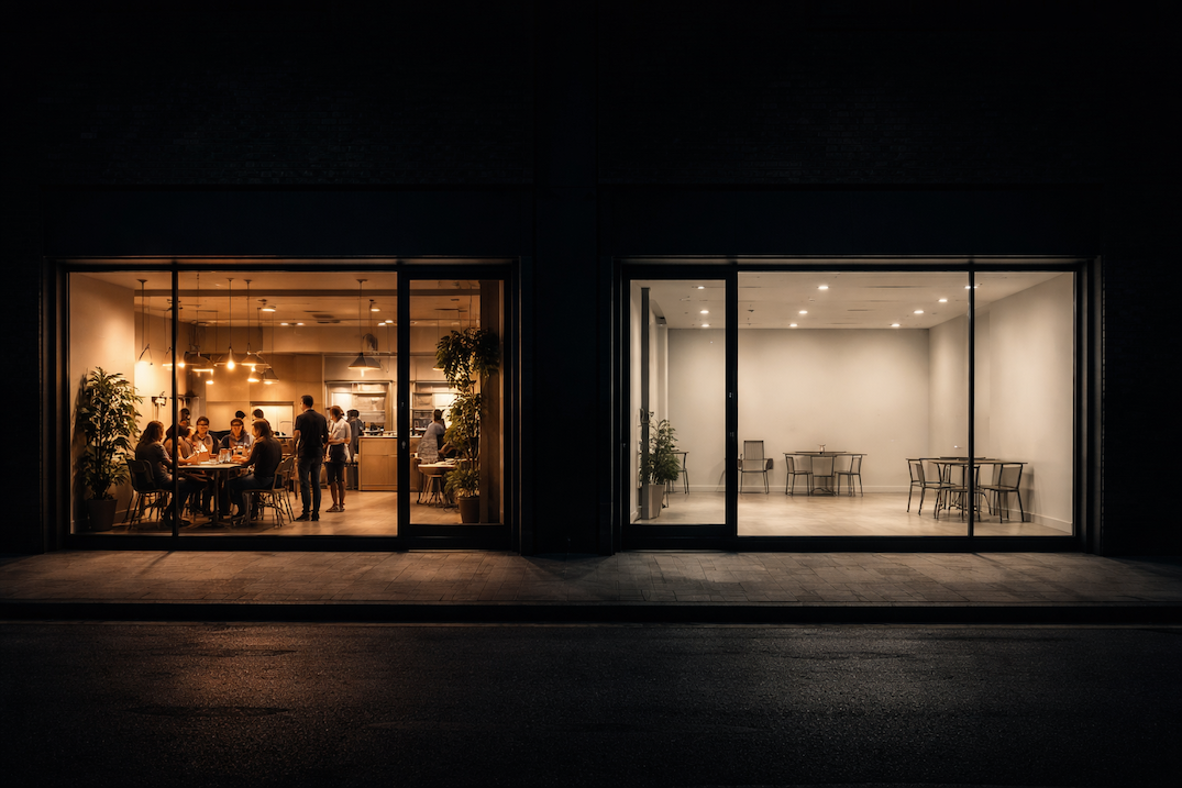 Two storefronts side by side: one bustling with customers, the other empty, illustrating real credibility versus manufactured presence
