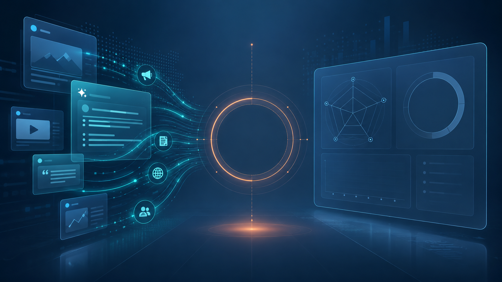 Content sources flowing into a central AI answer hub beside a measurement dashboard, illustrating AI visibility measurement in PR.