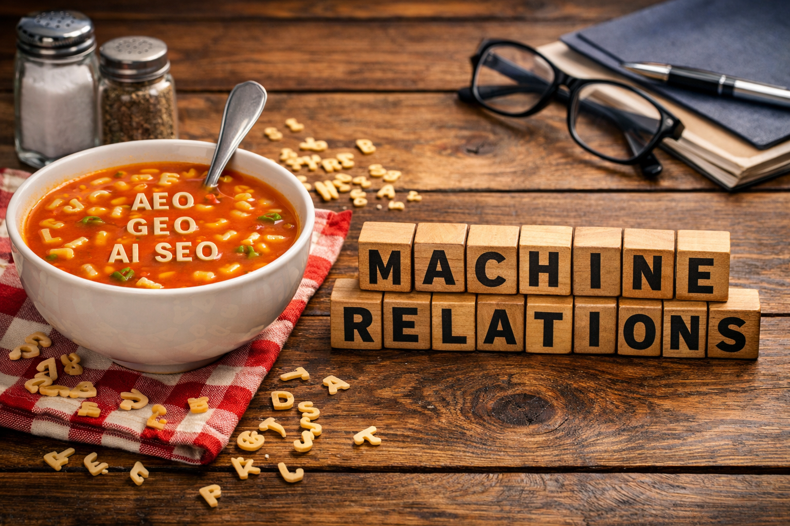 Bowl of alphabet soup with AEO, GEO, AI SEO floating in broth next to wooden blocks spelling Machine Relations